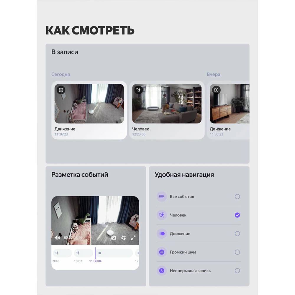 Умная IP-камера Яндекс 2K QHD, WiFi, Поворотная, работает с Алисой