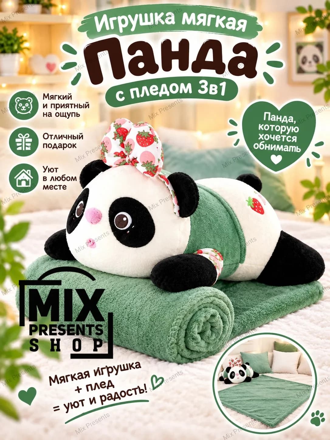 Игрушка мягкая "Панда" с пледом 3в1 (игрушка, плед, подушка) зеленая