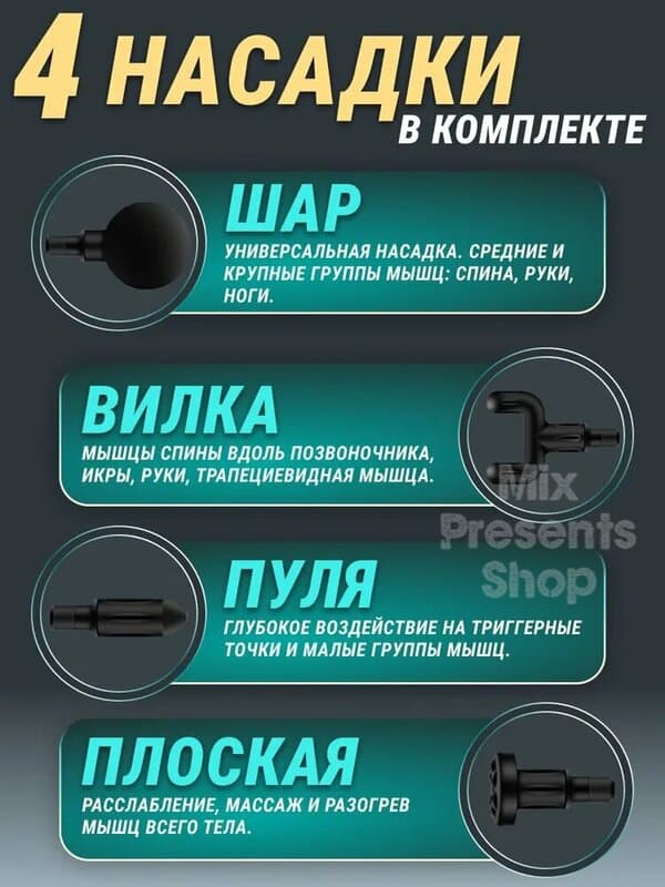Массажёр перкуссионный для тела с 4 насадками
