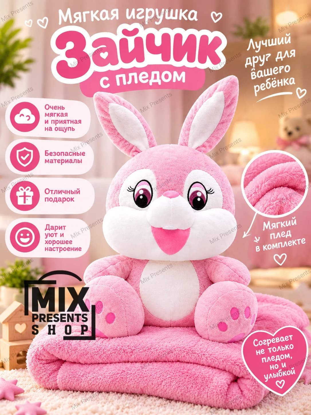 Игрушка мягкая "Зайчик" с пледом 3в1 (игрушка, плед, подушка) розовая